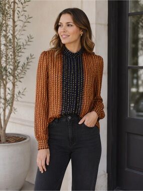 Hanley Sheer Silk Geometric Blouse – Size 4 – Multicolor Orange Blue Long Sleeve